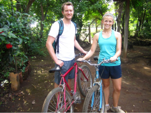 Left: Adam and Alisha Swanson pose with their bicycles that they used to commute to Project Chacocente each day. They volunteered at P.C. for 3 months in 2012.