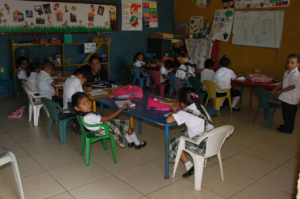 Preschool class with teacher, Fátima del Rosario Alemán Martínez Children enter the preschool at age four and spend two years in the program before going on to first grade. Our hope is that all the children will stay in our school and graduate from high school.